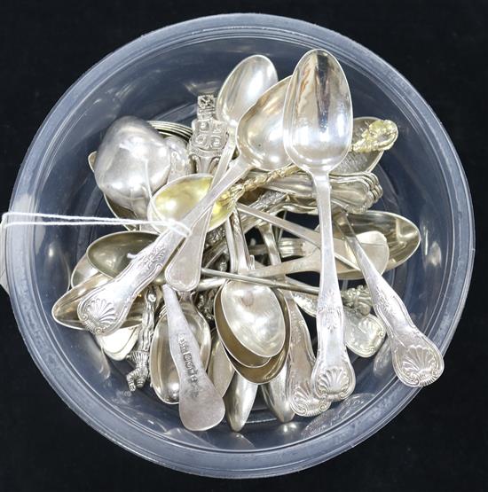 A quantity of English and continental silver teaspoons etc. including seven Scottish spoons, seven white metal spoons